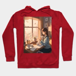 young lady starts her day by enjoying a cup of coffee. Hoodie